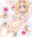  alice_margatroid arm_garter arms_behind_head arms_up artist_name at_classics bangs bikini black_bow blonde_hair blue_eyes blush bow breasts closed_mouth covered_nipples eyebrows_visible_through_hair flower hair_between_eyes hair_bow hairband hibiscus holding holding_flower large_breasts long_hair looking_at_viewer micro_bikini mouth_hold multiple_girls navel one-piece_swimsuit one_eye_closed red_bow sample shanghai_doll short_hair side-tie_bikini sidelocks skindentation smile swimsuit touhou traditional_media watermark white_bikini 