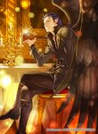  black_footwear black_pants black_wings blue_hair boots candle collarbone crossed_legs earrings feathered_wings fire_emblem fire_emblem:_akatsuki_no_megami fire_emblem_cipher holding indoors jewelry kita_senri long_hair looking_at_viewer male_focus naesala pants pointy_ears ponytail sitting smile solo wings 