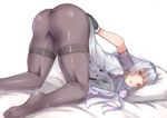  :o ass bangs bed_sheet black_legwear blush breasts covered_nipples double-breasted dress dress_pull foreshortening from_side grey_dress hair_ribbon kantai_collection long_hair looking_at_viewer looking_to_the_side medium_breasts murakumo_(kantai_collection) no_shoes open_mouth pantyhose pillow pulled_by_self red_ribbon remodel_(kantai_collection) ribbon short_dress short_sleeves simple_background solo thigh_strap top-down_bottom-up tress_ribbon white_background yellow_eyes yukishiro_arute 