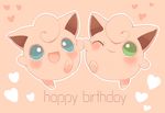  :d blue_eyes blush closed_mouth english gen_1_pokemon green_eyes happy_birthday heart hideko_(l33l3b) holding_hands jigglypuff looking_at_viewer no_humans one_eye_closed open_mouth pink_background pokemon pokemon_(creature) simple_background smile standing standing_on_one_leg walking 