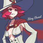  absurdres blue_background blue_choker breasts buttons cape character_name choker cleavage_cutout english hat highres little_witch_academia long_sleeves looking_afar medium_breasts parted_lips pink_eyes pink_hair reiesu_(reis) robe shiny_chariot short_hair simple_background smile solo white_robe witch witch_hat 