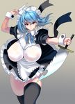  ahoge black_legwear blue_hair breasts brown_background brown_eyes curvy dagger highres huge_breasts jitome looking_at_viewer maid masao nipples original see-through simple_background solo sword thick_thighs thighhighs thighs weapon 