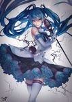  absurdres blue_eyes blue_hair dated detached_sleeves frilled_skirt frills hair_between_eyes hatsune_miku highres long_hair meng microphone naughty_face signature skirt solo suna_no_wakusei_(vocaloid) tattoo thighhighs twintails vocaloid 
