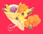  :d alternate_color commentary_request crepe english fang food full_body gen_1_pokemon hideko_(l33l3b) looking_at_viewer looking_back no_humans open_mouth pokemon pokemon_(creature) purple_eyes red_background signature simple_background smile solo vulpix 