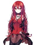  bodysuit breasts cleavage collarbone crimson_avenger_(elsword) elesis_(elsword) elsword eyebrows_visible_through_hair g_ieep hair_between_eyes highres long_hair looking_at_viewer medium_breasts parted_lips red_eyes red_hair shiny shiny_clothes simple_background solo very_long_hair white_background 