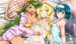  3girls :d arched_back arm_up armpits babydoll bangs bare_legs bare_shoulders blonde_hair blue_eyes blue_hair braid breast_press breasts bright_pupils camisole cleavage closed_mouth collarbone creatures_(company) dark_skin game_freak green_eyes green_hair hairband hand_on_another&#039;s_stomach hand_on_own_chest hand_up highres hood hood_down hoodie lillie_(pokemon) long_hair long_sleeves looking_at_viewer lying mao_(pokemon) medium_breasts multiple_girls nintendo on_back on_side open_clothes open_hoodie open_mouth out_of_frame panties pillow pokemon pokemon_(game) pokemon_sm see-through short_hair shorts side-by-side side_braid small_breasts smile suiren_(pokemon) swept_bangs takecha trial_captain twin_braids twisted_torso underwear upper_body upper_teeth very_long_hair 