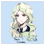  blonde_hair blue_eyes blue_ribbon character_name cropped_torso dated diana_cavendish do_it_lara eyebrows_visible_through_hair light_green_hair little_witch_academia long_hair looking_at_viewer multicolored_hair neck_ribbon portrait ribbon shirt signature smile solo two-tone_hair white_shirt 