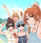  anger_vein bare_shoulders beach bow brown_hair camisole cloud collared_shirt commentary_request day expressionless furrowed_eyebrows grin hair_bow hibike!_euphonium highres ikayaki kasaki_nozomi light_blue_hair monsieur multiple_girls nakagawa_natsuki open_mouth outdoors ponytail purple_eyes shirt sky smile striped striped_shirt sunglasses v water wavy_mouth yoroizuka_mizore yoshikawa_yuuko 