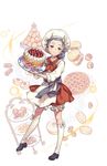 apron black_footwear braid cake chef_hat cookie crown dessert food fruit full_body green_eyes hat highres looking_at_viewer macaron muffin nikki_quinnell official_art plate princess_principal princess_principal_game_of_mission purple_hair red_skirt scone shoes skirt smile standing strawberry tiered_tray transparent_background waffle white_legwear 