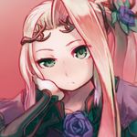  blue_flower blue_rose chin_rest closed_mouth commentary_request diadem flower green_eyes hair_flower hair_ornament half-closed_eye kid_icarus kid_icarus_uprising long_hair long_sleeves looking_at_viewer nachure one_side_up pink_background purple_robe reiesu_(reis) robe rose signature solo 