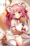  :3 animal_ears apron bell bell_collar blush breast_hold breasts cisyo cleavage collar fangs fangs_out fate/grand_order fate_(series) fox_ears fox_tail gloves hair_ribbon heart large_breasts long_hair looking_at_viewer maid_headdress naked_apron paw_gloves paw_shoes paws pink_hair ribbon shoes solo tail tamamo_(fate)_(all) tamamo_cat_(fate) yellow_eyes 