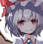  bangs biting brooch closed_mouth collared_shirt commentary_request crying crying_with_eyes_open glint grey_hair hair_in_mouth hat highres jewelry leidami lip_biting looking_at_viewer mob_cap mouth_hold portrait red_eyes remilia_scarlet shirt short_hair simple_background slit_pupils solo tears touhou white_background white_hat white_shirt wings 