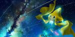  commentary_request flying gen_3_pokemon green_eyes highres jirachi looking_to_the_side milky_way no_humans plant pokemon pokemon_(creature) scenery shooting_star sky smile solo star_(sky) starry_sky teru_sakura 