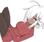  between_legs black_legwear breasts cowboy_shot dark_elf dark_skin elf hair_ornament hair_over_one_eye hairclip hand_between_legs large_breasts looking_at_viewer malice-chan_(malice_stella) malice_stella original pantyhose pointy_ears red_eyes red_sweater ribbed_sweater short_hair simple_background solo sweater turtleneck white_background x_hair_ornament 