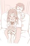  1boy 1girl akari_(raigou) blush clenched_teeth detached_sleeves game_controller glasses kizuna_ai_(cosplay) long_hair monochrome original playing_games raigou sailor_collar sitting_on_lap thighhighs 