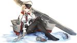  black_legwear blonde_hair blue_eyes breasts cape flight_deck graf_zeppelin_(kantai_collection) grandgua hat highres kantai_collection large_breasts pantyhose rigging shoes_removed smile solo turret white_background 