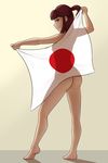  absurdres ass breasts brown_hair highres japan japanese_flag kagari_atsuko legs little_witch_academia naughty_face nude pudgeruffian red_eyes short_ponytail small_breasts smirk tan_background thighs 