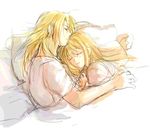  1girl bed bed_sheet blonde_hair closed_eyes couple edward_elric fullmetal_alchemist hetero hug long_hair pillow shaded_face shadow shirt simple_background sleeping sunlight tsukuda0310 white_background white_shirt winry_rockbell 