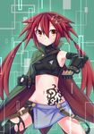  blush four_goddesses_online:_cyber_dimension_neptune hair_ornament hairclip hechima-bushi highres long_hair looking_at_viewer neptune_(series) red_hair smile solo tattoo tennouboshi_uzume twintails 