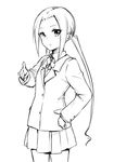  bangs collared_shirt cowboy_shot greyscale hagimura_suzu hand_on_hip jacket long_hair long_sleeves looking_at_viewer monochrome parted_bangs parted_lips pleated_skirt pointing pointing_at_viewer school_uniform seitokai_yakuindomo shirt simple_background sketch skirt solo standing twintails very_long_hair white_background yuki_arare 