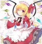 ;) alternate_costume apron bangs black_bow black_neckwear blonde_hair blush bow bowtie closed_mouth commentary_request cowboy_shot crystal cup dress enmaided eyebrows_visible_through_hair fang_out flandre_scarlet frilled_sleeves frills hair_ribbon head_tilt holding holding_tray juliet_sleeves long_hair long_sleeves looking_at_viewer low_neckline maid maid_headdress multicolored multicolored_eyes one_eye_closed orange_eyes puffy_sleeves red_bow red_dress red_eyes ribbon shikitani_asuka side_ponytail smile solo sparkle spilling standing tareme tea teacup teapot touhou tray waist_apron white_apron wings 