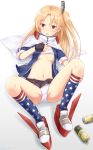  1girl american_flag_legwear azur_lane beer_can blonde_hair blush breasts cameltoe can capelet cleveland_(azur_lane) commentary_request eyebrows_visible_through_hair fingerless_gloves geru_nyan gloves highres jacket lying medium_breasts medium_hair midriff navel on_back one_side_up open_clothes open_jacket open_mouth panties pleated_skirt red_eyes shirt_lift skirt socks solo underboob underwear white_panties 