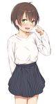  arm_behind_back bangs blue_skirt blush breasts brown_hair cowboy_shot embarrassed finger_to_face green_eyes hair_between_eyes hand_up highres long_sleeves looking_at_viewer medium_breasts mikazuchi_zeus new_game! open_mouth shinoda_hajime shirt shirt_tucked_in short_hair simple_background skirt solo standing striped sweatdrop vertical-striped_skirt vertical_stripes white_background white_shirt 