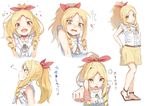  :d absurdres blonde_hair brown_eyes collarbone dress_shirt drill_hair eighth_note embarrassed eromanga_sensei full_body goruva hair_ribbon hand_on_ass head_tilt high_ponytail highres index_finger_raised leaning_forward long_hair looking_at_viewer miniskirt multiple_views musical_note neck_ribbon open_mouth pointy_ears red_ribbon ribbon shirt simple_background skirt sleeveless sleeveless_shirt smile standing sweatdrop twin_drills wavy_mouth white_background white_shirt yamada_elf yellow_ribbon yellow_skirt 