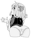  ass bangs bent_over blush bow cowboy_shot cropped_legs eyebrows_visible_through_hair from_behind greyscale hair_bow long_sleeves looking_at_viewer looking_back monochrome open_mouth panties polka_dot polka_dot_panties profile rumia shamo_(koumakantv) shirt short_hair simple_background solo sweat touhou underwear white_background 