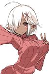  ahoge breasts dark_elf dark_skin elf hair_ornament hair_over_one_eye hand_on_own_chest large_breasts malice-chan_(malice_stella) malice_stella original pointy_ears reaching_out red_eyes ribbed_sweater self_shot short_hair solo sweater turtleneck v white_background white_hair x_hair_ornament 
