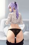  ass black_panties black_skirt blurry commentary depth_of_field dimples_of_venus from_behind highres houtengeki long_hair looking_at_viewer looking_back original panties parted_lips pointy_ears profile purple_hair red_eyes shirt skirt skirt_pull solo standing sunlight thigh_gap twintails underwear undressing white_shirt 