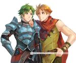  alm_(fire_emblem) armor brown_eyes brown_hair cape cloak elbow_gloves fire_emblem fire_emblem:_rekka_no_ken fire_emblem_echoes:_mou_hitori_no_eiyuuou fire_emblem_heroes gloves green_eyes green_hair male_focus matthew multiple_boys reddverse short_hair smile weapon 