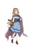  :o bangs basket black_gloves blue_dress blue_eyes blush bow brown_cape brown_footwear brown_hair cape dress flower_basket frilled_dress frills full_body gloves hairband hand_up highres looking_at_viewer maria_florence medium_hair official_art parted_bangs princess_principal princess_principal_game_of_mission red_bow shoes solo transparent_background white_legwear 