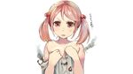  blush burnt_clothes check_commentary commentary commentary_request hair_ornament hands_on_own_chest kantai_collection ken_sogen open_mouth partially_undressed pink_hair red_eyes sazanami_(kantai_collection) simple_background smoke white_background 