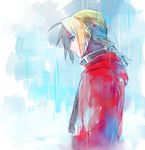  blonde_hair blue_background braid coat edward_elric expressionless eyebrows_visible_through_hair fullmetal_alchemist looking_away male_focus rain red_coat riru simple_background solo white_background 
