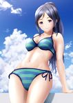  arm_support bare_arms bare_shoulders bikini blue_ribbon blue_sky breasts cleavage cloud collarbone cowboy_shot day from_below halterneck highres leaning_back lips long_hair looking_at_viewer looking_down love_live! love_live!_sunshine!! matsuura_kanan medium_breasts multicolored multicolored_bikini multicolored_clothes navel outdoors papi_(papiron100) parted_lips purple_eyes purple_hair ribbon side-tie_bikini sky smile solo standing stomach striped striped_bikini swimsuit 