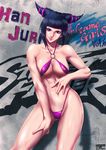  alternate_costume bikini black_hair breasts character_name cleavage drill_hair graffiti han_juri highres large_breasts looking_at_viewer mugetsu2501 navel purple_eyes smile solo spider_web_print stomach street_fighter street_fighter_v swimsuit thong_bikini tongue tongue_out twin_drills wall 