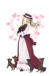  :d black_gloves blonde_hair blue_eyes bow braid brown_footwear crown_braid doberman dog dress elizabeth_cassandra_austin flower full_body gloves hat hat_bow hat_flower heart highres long_hair looking_at_viewer official_art open_mouth pack_of_dogs princess_principal princess_principal_game_of_mission puppy shoes smile standing transparent_background 
