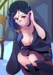  black_choker black_footwear blue_hair blush boots breasts choker glasses hair_tucking large_breasts little_witch_academia long_hair looking_at_viewer negom nipple_slip nipples no_bra red_eyes robe solo squatting ursula_charistes 