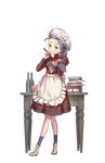  apron blue_legwear book book_stack bottle bowl chef_hat egg full_body green_eyes hand_up hat highres holding holding_book looking_at_viewer maid_apron nikki_quinnell official_art open_book pen princess_principal princess_principal_game_of_mission puffy_sleeves purple_hair red_skirt shoes skirt socks standing table transparent_background white_footwear 