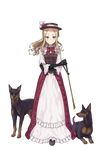  black_gloves blonde_hair blue_eyes bow brown_footwear crossed_arms doberman dog dress elizabeth_cassandra_austin flower full_body gloves hat hat_bow hat_flower highres long_hair looking_at_viewer official_art princess_principal princess_principal_game_of_mission red_bow riding_crop shoes standing transparent_background 