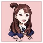  :d blue_ribbon brown_eyes brown_hair character_name cropped_torso dated do_it_lara hair_ornament kagari_atsuko little_witch_academia long_hair looking_at_viewer neck_ribbon one_eye_closed open_mouth portrait ribbon shirt signature smile solo white_shirt 