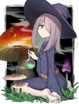  absurdres bangs barefoot blue_dress brown_eyes closed_mouth commentary_request dress eyebrows_visible_through_hair flask grass grey_hair hair_over_one_eye hat highres holding little_witch_academia long_hair looking_at_viewer looking_back mushroom sidelocks smoke soles solo sucy_manbavaran tadaomi_(amomom) wide_sleeves witch_hat 