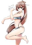  absurdres aqua_bikini barefoot bikini brown_hair clenched_hand dated from_side hair_ribbon highres kantai_collection kazagumo_(kantai_collection) kazu_(really_in_hot_water_now) long_hair ponytail ribbon silver_eyes simple_background solo standing standing_on_one_leg stretch striped striped_bikini swimsuit tsurime twitter_username white_background 