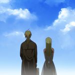  1girl arms_behind_back blonde_hair cloud cloudy_sky coat day dress edward_elric facing_away fullmetal_alchemist height_difference long_hair ponytail riru shadow sky standing suitcase upper_body winry_rockbell 