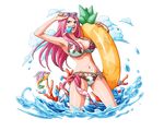  animal anti-eyebrow_piercing armpits bikini blue_eyes bodskih breasts cleavage collarbone cowboy_shot eyewear_on_head fish floating_hair food groin innertube jewelry_bonney large_breasts long_hair looking_at_viewer mouth_hold navel one_piece open_mouth pink_hair popsicle shiny shiny_skin solo standing sunglasses swimsuit transparent transparent_background wading water white_bikini yellow_innertube 