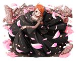  ;) ahoge black_dress bodskih bracelet breasts choker cleavage collarbone dress from_above jewelry large_breasts long_dress looking_at_viewer nami_(one_piece) one_eye_closed one_piece orange_hair petals see-through short_hair skirt_hold smile solo standing transparent_background 