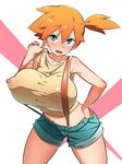  1girl :d alternate_breast_size ass bare_shoulders blue_eyes blush breast_hold breasts butt_crack crop_top erect_nipples full_body furau-ru highres huge_breasts kasumi_(pokemon) leaning_forward looking_at_viewer midriff one_eye_closed orange_hair pokemon pokemon_(anime) short_ponytail shorts smile solo strap_pull suspenders 