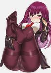  ass bangs between_breasts black_gloves blunt_bangs blush breasts cameltoe embarrassed eyebrows_visible_through_hair farys_(afopahqfw) feet foreshortening frown full_body girls_frontline gloves grey_background hand_on_own_thigh hand_up large_breasts leaning_back legs_up long_hair long_sleeves necktie necktie_between_breasts no_shoes nose_blush one_side_up panties panties_under_pantyhose pantyhose purple_legwear red_neckwear simple_background sitting soles solo sweat thighband_pantyhose toes underwear wa2000_(girls_frontline) 