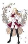  :d artist_request black_footwear black_legwear blonde_hair blue_eyes braid cravat crown_braid elizabeth_cassandra_austin flower forehead full_body hand_up highres looking_at_viewer official_art ojou-sama_pose open_mouth petals ponytail princess_principal princess_principal_game_of_mission riding_crop shoes smile standing thighhighs transparent_background v-shaped_eyebrows 